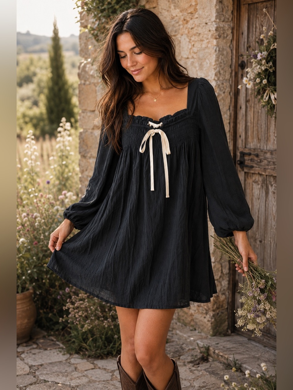 NWT In February Navy Blue Smocked Puff Sleeve Babydoll Mini Dress Size L